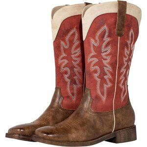 SheSole Womens Red Cowboy Square Toe Cowgirl Wide Calf Western Boots